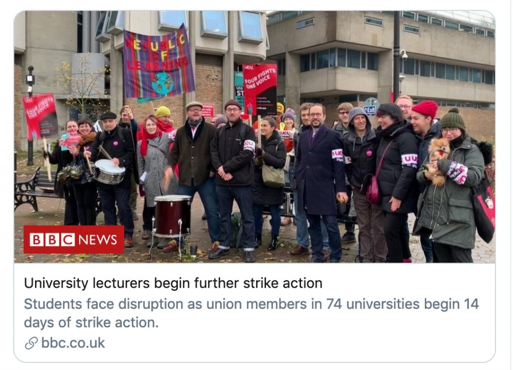 BBC headline picture showing Leicester UCU picket from Nov-Dec 2019