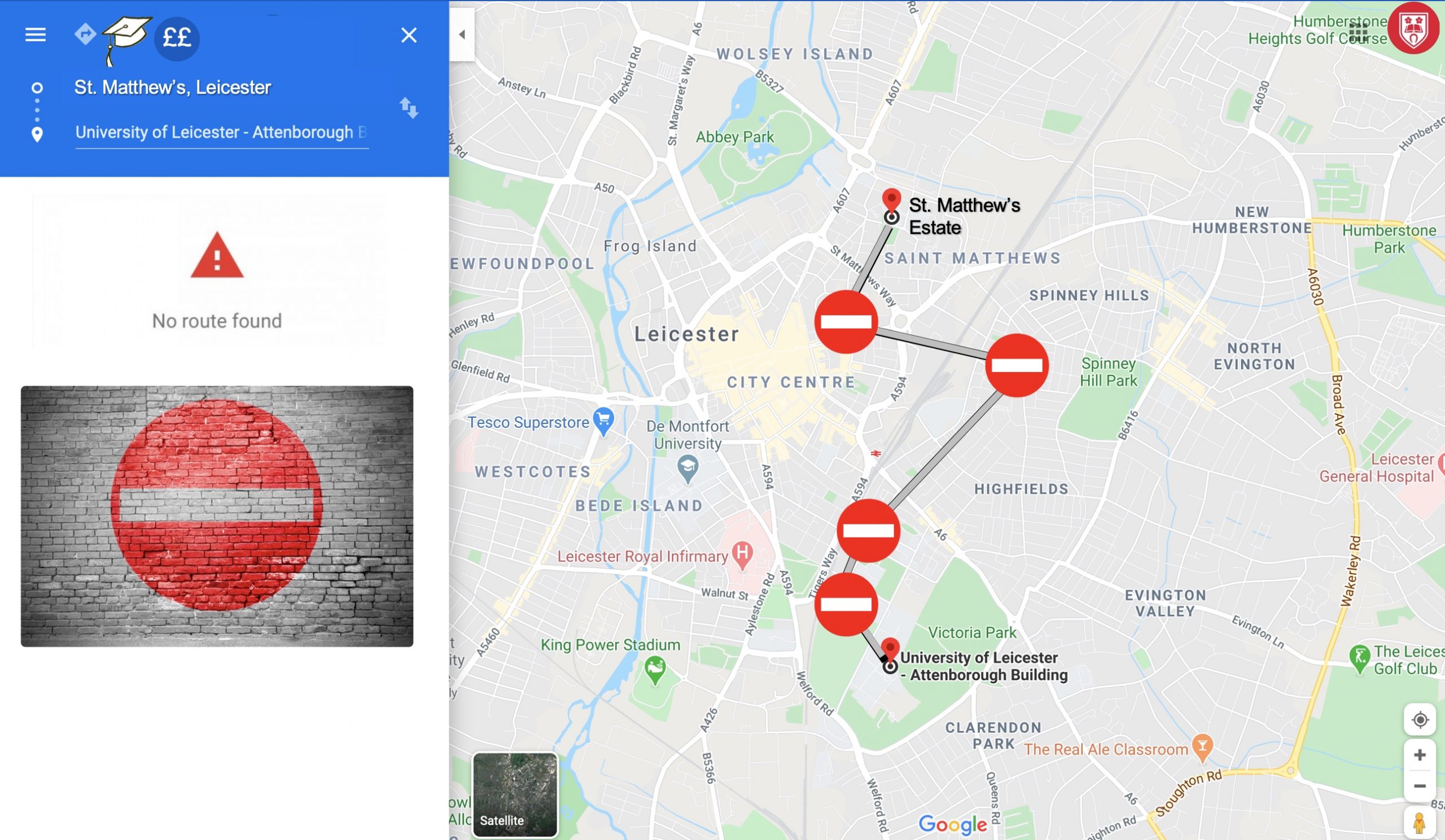 Map of Leicester showing St. Matthew's Estate and the University, with the route between them barred