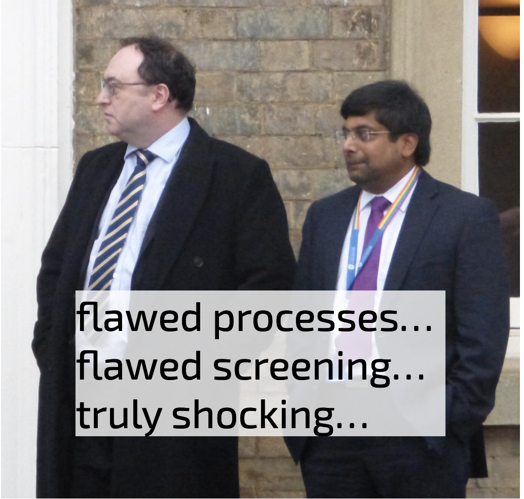 image of Edmund Burke and Nishan Canagarajah, with text "flawed processes... flawed screening... truly shocking..."