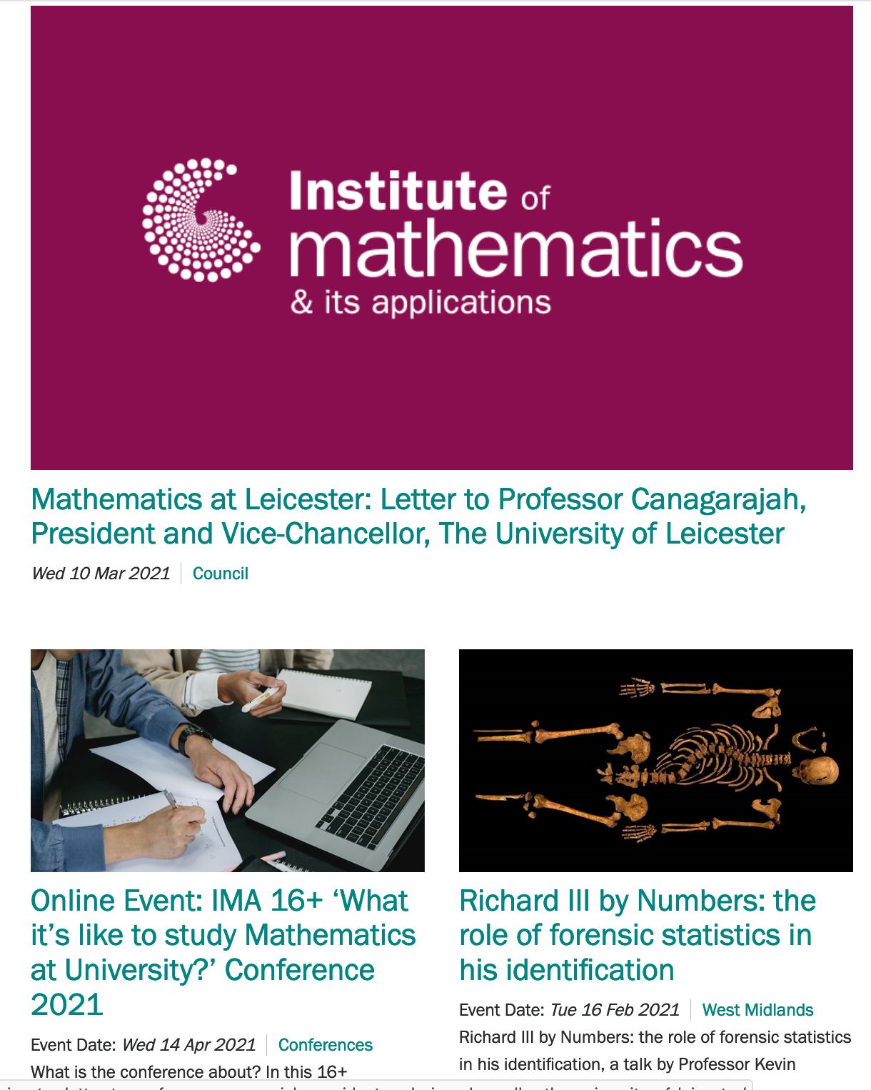 Screen grab of Institute of Mathematics webpage