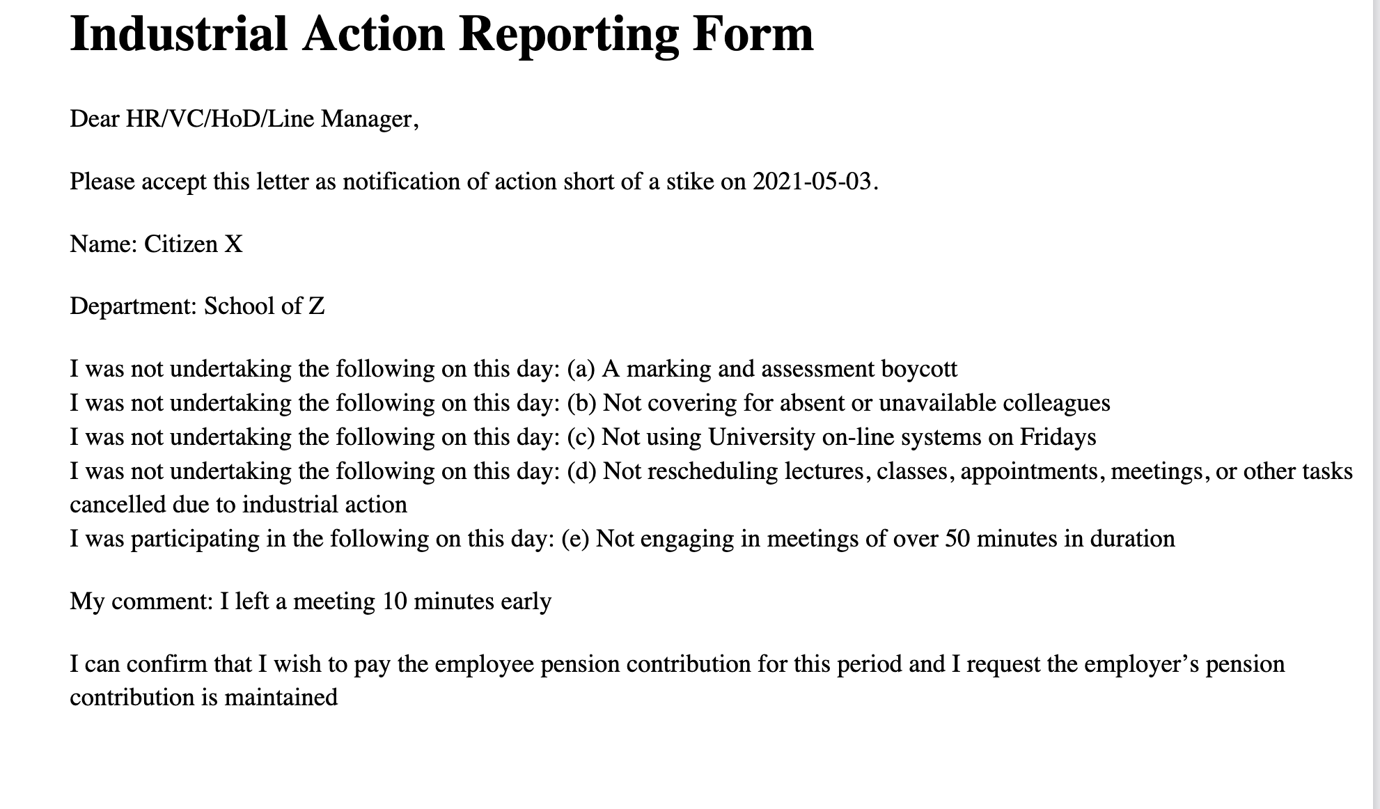 Industrial action reporting form
