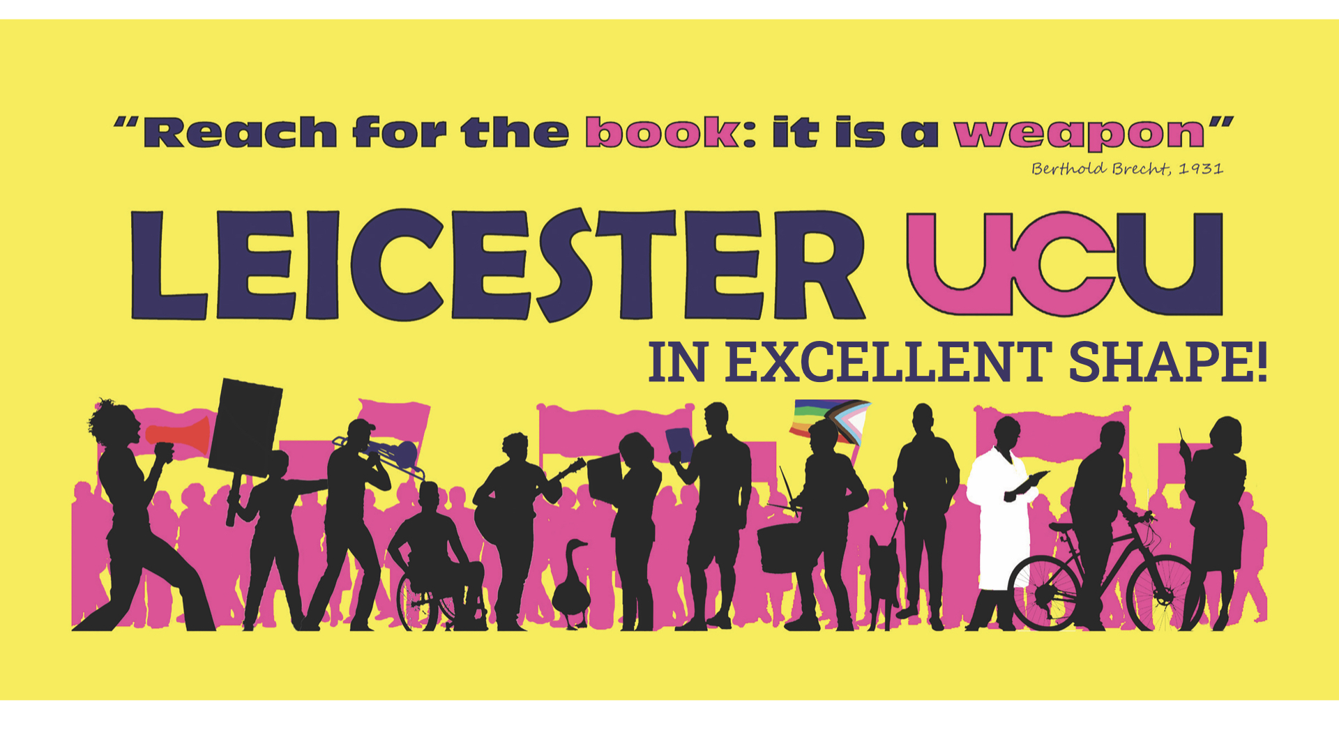 Leicester UCU banner image, pink and black figures picketing against a yellow background